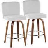 Henry 26" Swivel Counter Stool in Walnut Wood & White Fabric with Round Chrome Footrest (Set of 2)